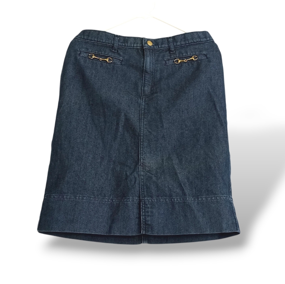 George Denim Midi SkirtGold Chain Accents Knee Length Dark Wash Y2K Pockets 12
